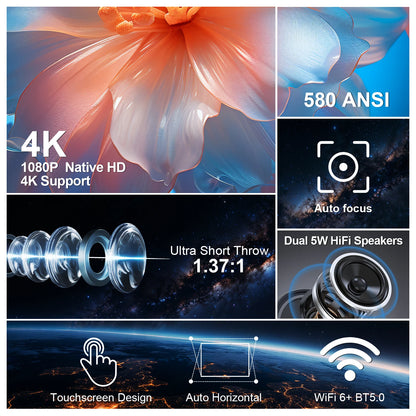 Experience Stunning Home Entertainment with the Auto Focus Smart Projector - Android 11, 4K Support, and 580 ANSI Lumens for Ultimate Clarity!