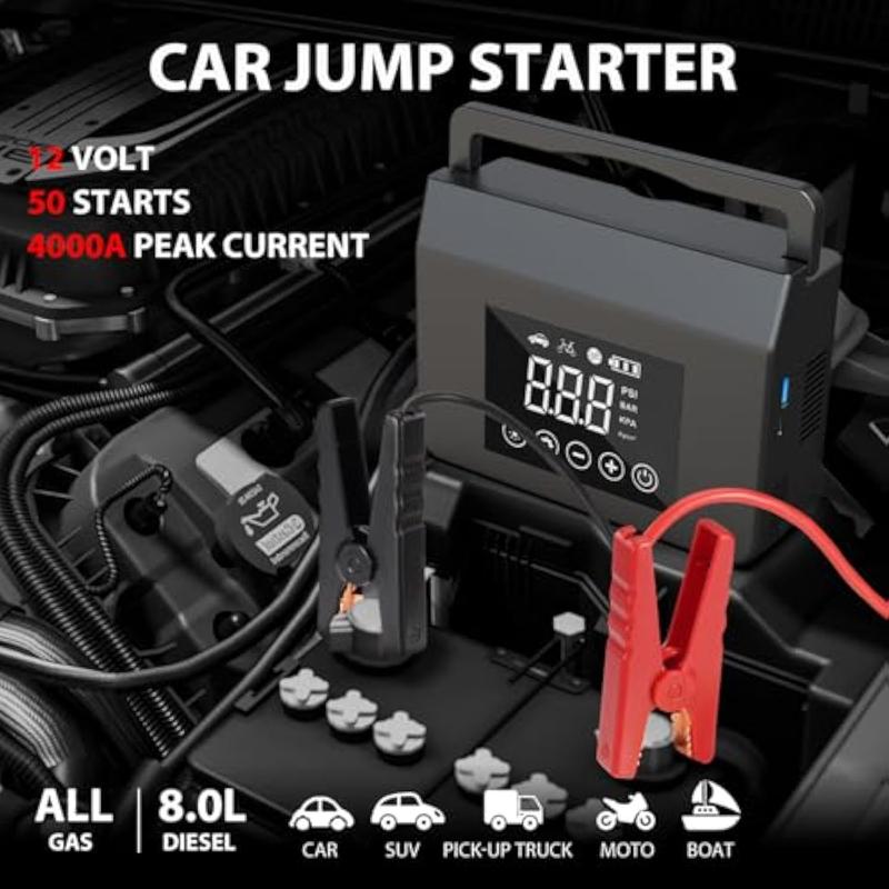 Power Up Anywhere: Eleacc 4-IN-1 4000A Car Jump Starter with Air Compressor, 150PSI Tire Inflator, 15000mAh Power Bank, and LED Light for All Gas/Diesel Engines